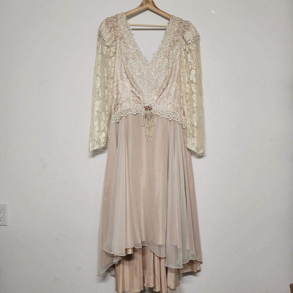 Vintage French Lace High Low Puffer Lace Sleeve, With Chiffon Victorian Beads
